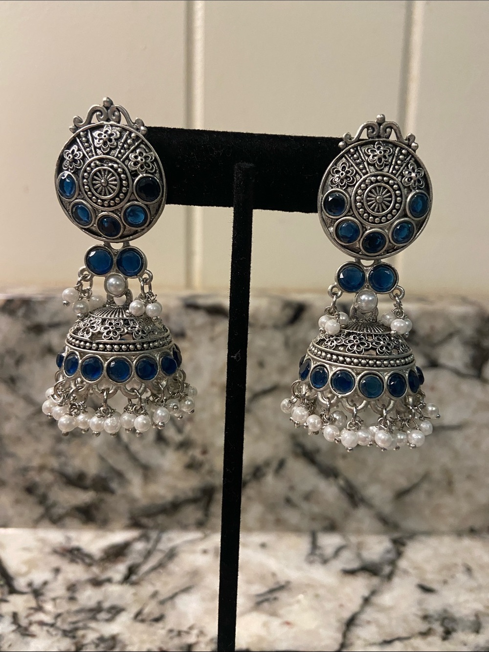 Traditional Indian Oxidized Silver Jhumka Earrings Blue Stones White Pearls boho